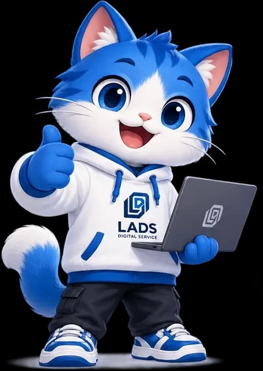 Maskot LADS — kucing biru berhoodie LADS memegang laptop sambil mengacungkan jempol